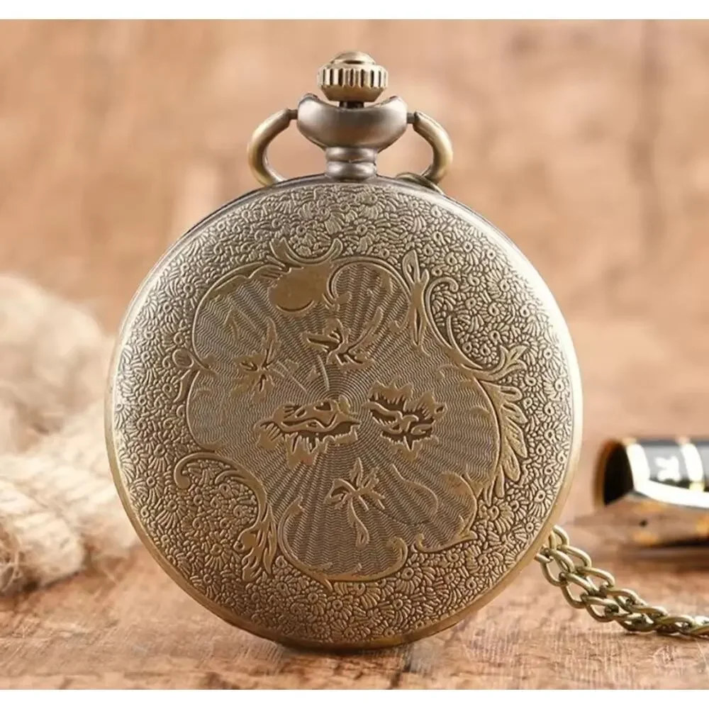 Three Headed Dragon Pocket Watch Necklace Brass Color Fantasy Pendant Chain